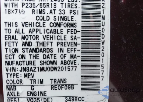 2013 Nissan Murano S из США, поврежденный, VIN JN8AZ1MU0DW201577